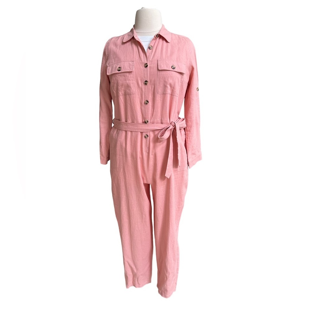 ModCloth Pink Linen Jumpsuit‎ with Belt Size: XL